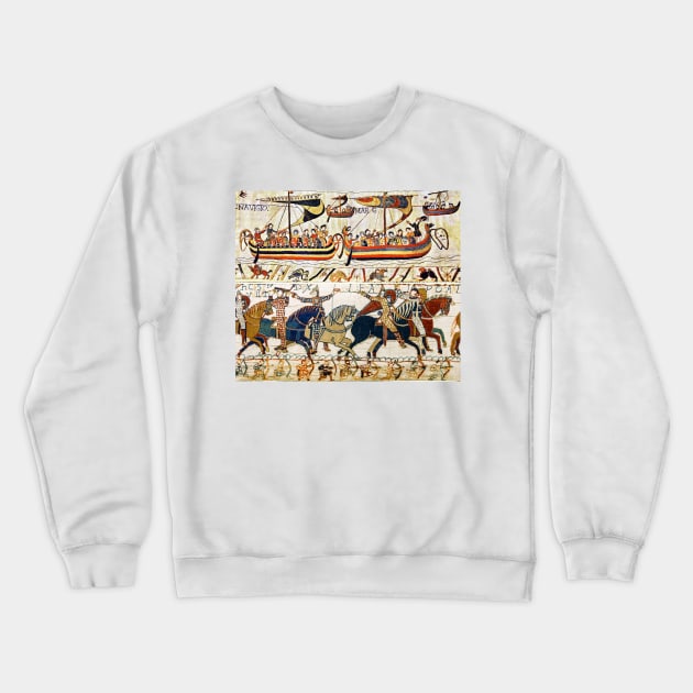 THE BAYEUX TAPESTRY ,BATTLE OF HASTINGS ,NORMAN KNIGHTS HORSEBACK, ARHERS AND VIKING SHIPS Crewneck Sweatshirt by BulganLumini